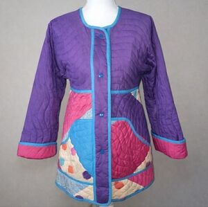 Vintage 1980s Jeanne Marc Saks Fifth Avenue Quilted Art Jacket XS Patchwork Bird